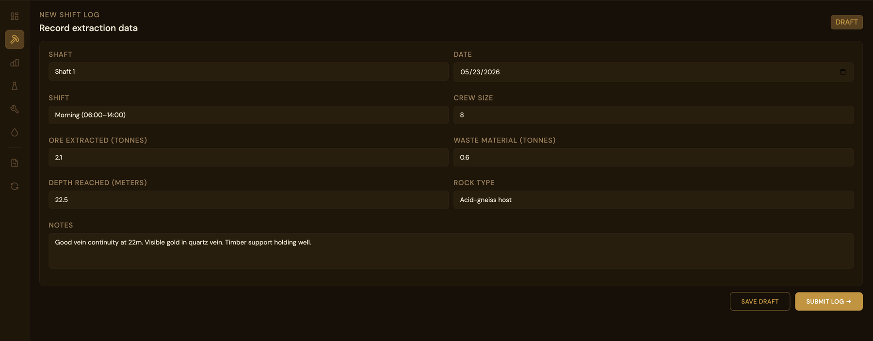 Equipment status and downtime log mockup
